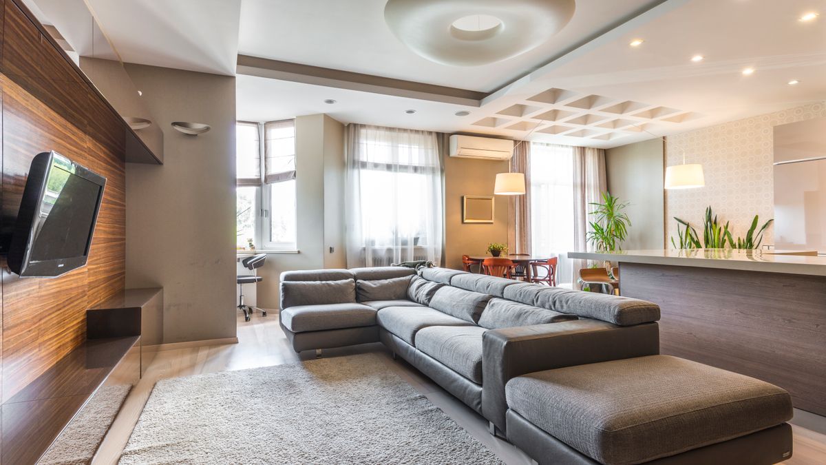 Modern living room with a large television